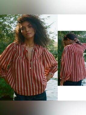 NWT Doen Womens Imani Red Monaco Striped Ramie Blouse Top Size Medium $210